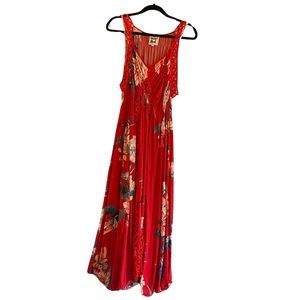 Red floral beach cover maxi dress lace cutouts throughout by Jayce